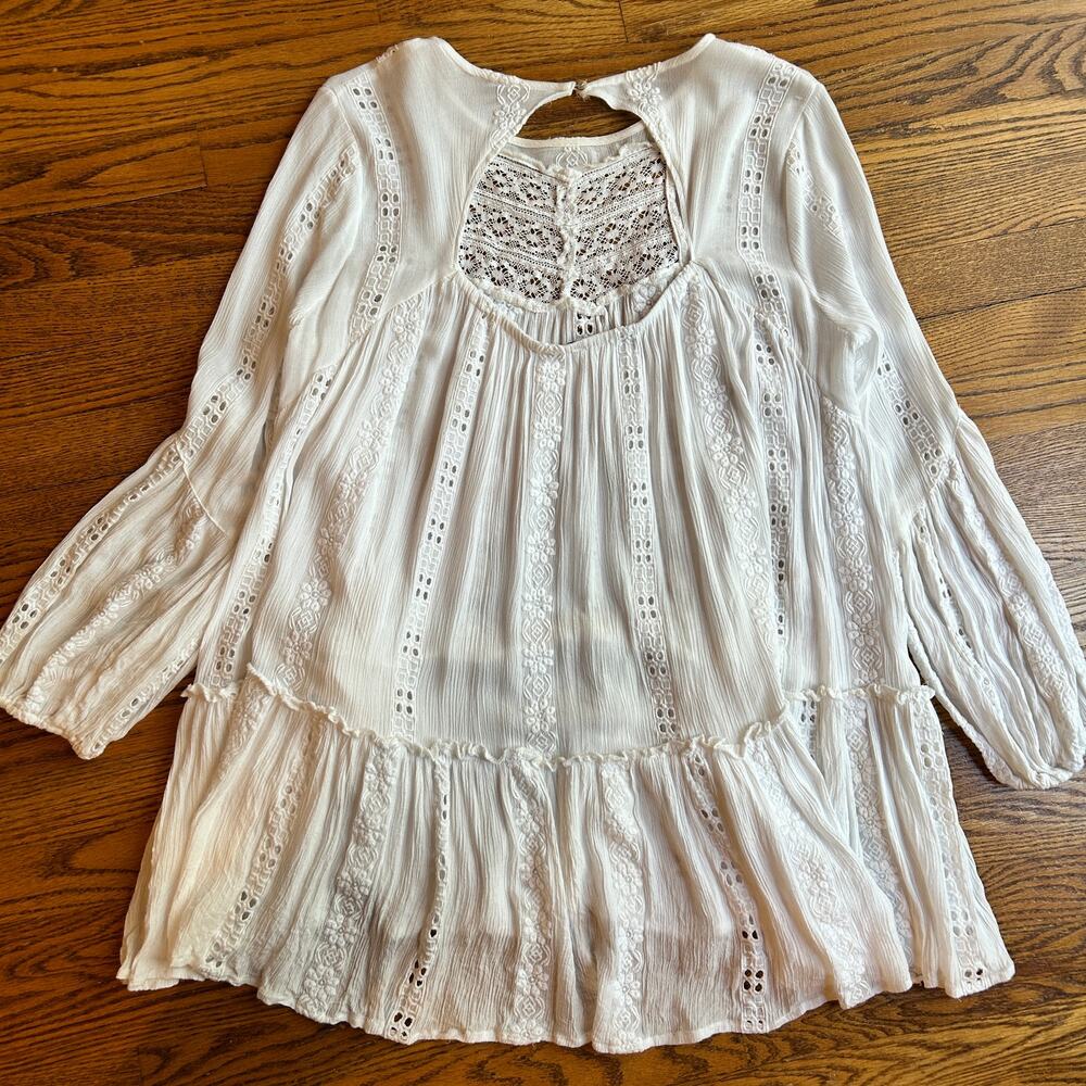 Free People Kiss Kiss Tunic Ivory Crochet Lace Boho Tiered Top Size M - Picture 4 of 9